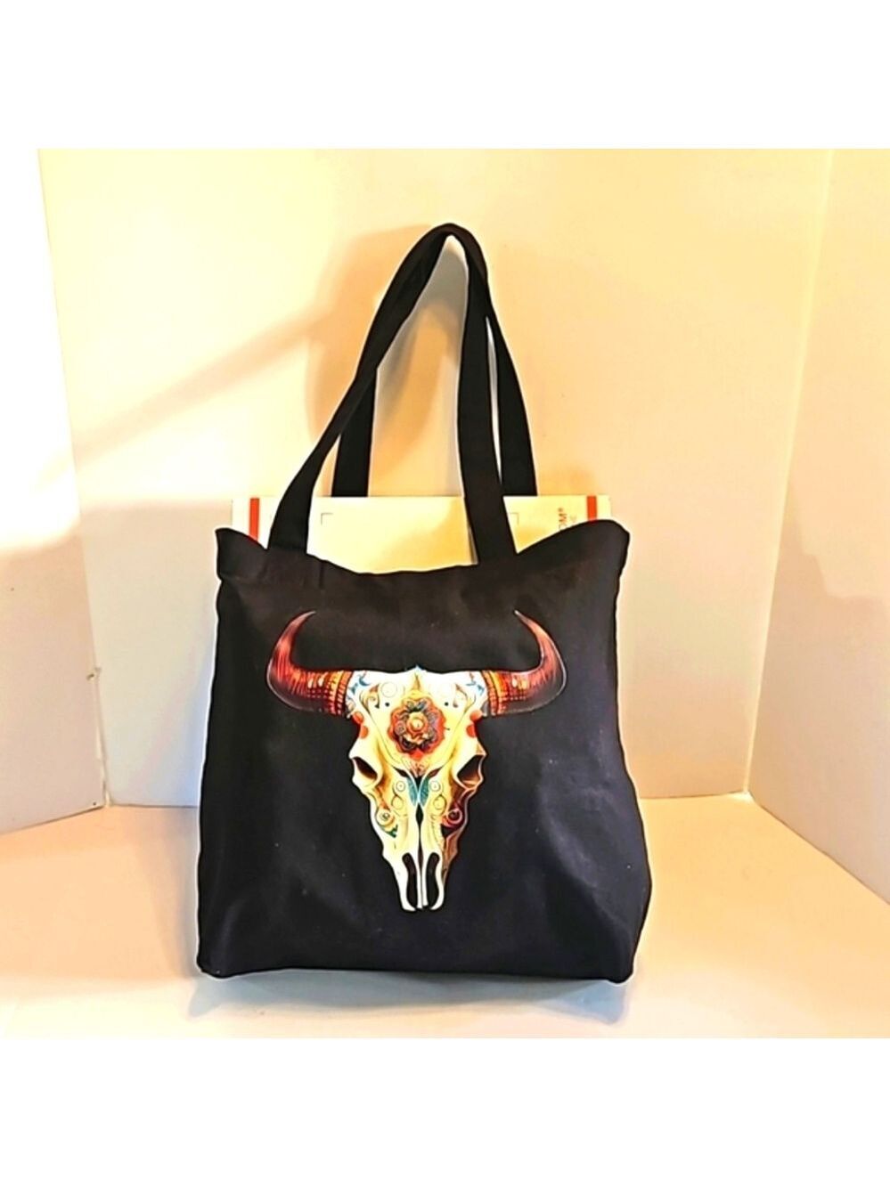 Hand Crafted Happy Hallowen Black Canvas 100%Cotton Reusable Tote Bag Bull Skull